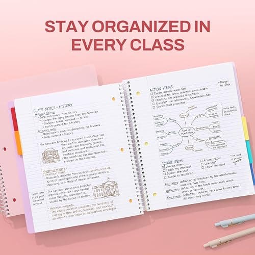 SUNEE 5 Subject Notebook College Ruled - 400 Pages, 9"x11", 5 Pocket Colored Dividers, 3-Hole Punched Paper, Pink thumbnail 7