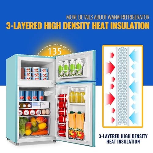 WANAI 3.5 Cu.Ft Blue Mini Fridge With Freezer Compact Refrigerator for Dorm | Freestanding Fridge with 7 Level Adjustable Thermostat, Removable Shelves, Fast Cooling, Low Consumption thumbnail 5