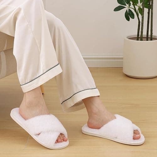 Evshine Women's Fuzzy Slippers Cross Band Memory Foam House Slippers Open Toe thumbnail 4