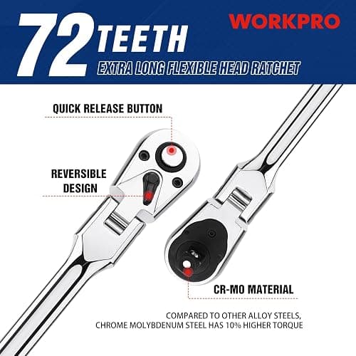 WORKPRO 3/8" Drive Extra Long Flex Head Ratchet, 18 Inch Reach Quick Release CR-V Steel Ratchet Handle, CR-MO Head, Reversible Design, 72-Tooth thumbnail 3