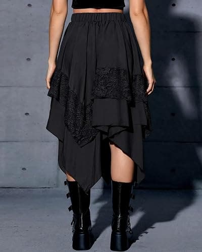 MATSUMIZUYU Flowy Gothic Punk Y2K Lace Midi Skirts for Women Medieval Steampunk Goth Layered Asymmetrical A-Line Skirt thumbnail 3