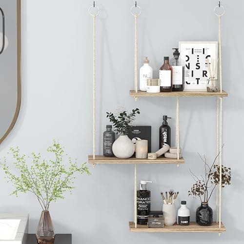 Fixwal Hanging Plant Shelves for Wall, 3 Tier Boho Wall Decor Plant Rack Floating Shelves Rope Rustic Wood Organizer Storage Hanger for Aesthetic Home Bedroom Kitchen Bathroom- Rustic Brown thumbnail 7