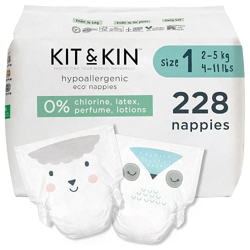 Kit & Kin Premium Eco Baby Nappies Size 1 | Newborn 2-5 kgs / 4-11 lbs | Pack of 228 Nappies | Plant-Based & Hypoallergenic | Superior Leak Protection | Vegan & Cruelty Free - Image 1