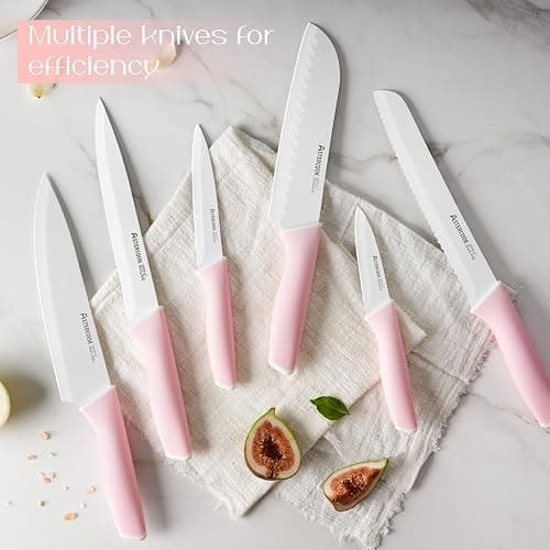 Astercook Knife Set, Kitchen Knives Set with Block and Sharpener Ceramic Coating 15 Pcs German Stainless Steel Knives Sharp Blade Dishwasher Safe Deba Knives with Ergonomic Handle, Crystal Pink thumbnail 4