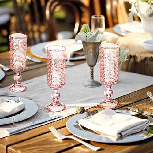 XKXKKE 6 Pcs 5 Ounces Glass Champagne Flutes, Vintage Hobnail Beaded Embossed Colored Glass Sparkling Wine Glasses for Champagne, Cava, Prosecco, Party, Wedding, Bar Fancy Glasses Set of 6 Pink - Pink 6 Count thumbnail 4