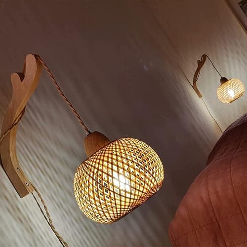 Frideko Bamboo Lantern Plug in Wall Sconces Wicker Wall Lamp with Plug in Cord Hand Woven Rattan Wall Light Farmhouse Rustic Wall Sconces Boho Sconces Wall Lighting for Living Room Bedroom thumbnail 3