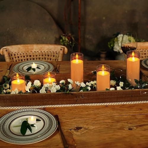 Homemory Amber Flickering Flameless Candles, Battery Operated Acrylic LED Pillar Candles with Remote Control and Timer, Fall Candles, Set of 5 thumbnail 4