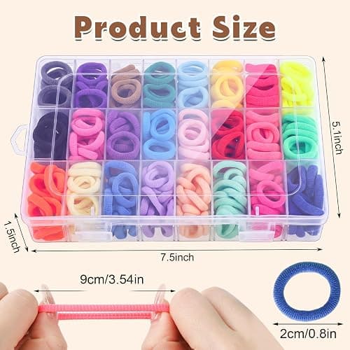 200 Pcs Baby Hair Ties with Organizer Box, Cotton Seamless, 24 Colors | Soft cotton seamless bands, gentle stretch, sorted storage box, for baby and toddler ponytails, braids, daily styling thumbnail 2