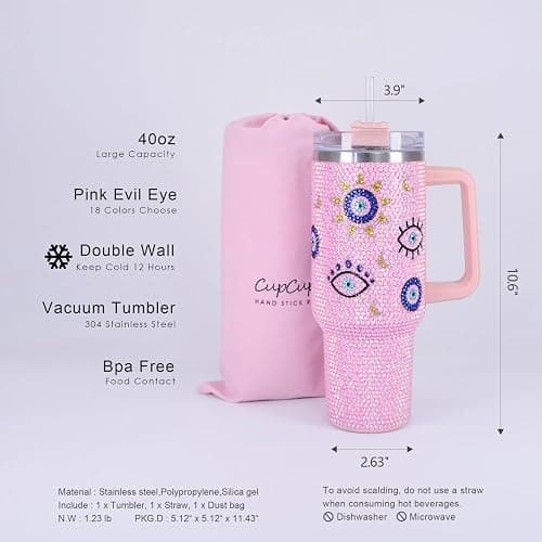 Cupcupmore 40 oz Pink Evil Eye Bling Rhinestone Stainless Steel Sippy Tumbler Glitter Vacuum Insulated Water Bottle with Straw & Lid &Handle,Sparkle Car Cup Holder,Keeps Cold 12 Hours Drinks,Coffee thumbnail 3