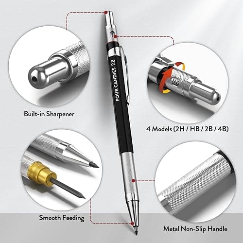 Four Candies 2MM Mechanical Pencil Set with case, Artist Led Pencil Metal Lead Holder with 60PCS Graphite Lead Refill (HB, 2H, 2B, 4B, Color) Kneaded Eraser, Sharpener for Writing, Drawing, Sketching thumbnail 4
