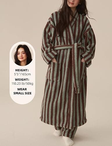 Arssm Womens Striped Fluffy Robe Long Plush Bathrobes Fuzzy Warm Cozy Thick Loungewear Maxi Robe thumbnail 4