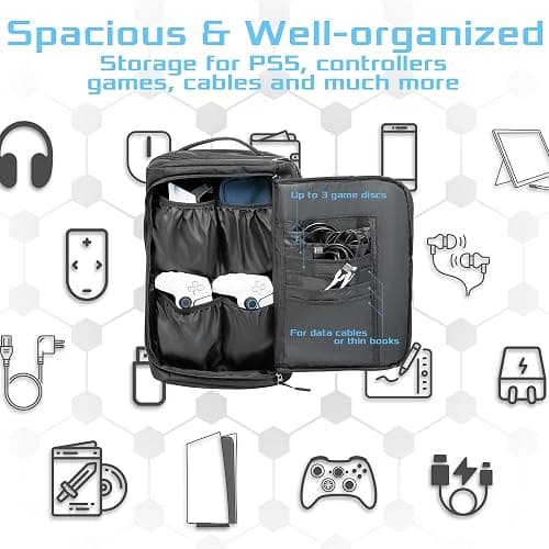 Ezgnuk Game Backpack for PS5 Console, Protective Travel Carrying Case, Large Capacity Storage Bag with Zippered Pocket for PlayStation 5, Laptop, Headphones, Game Discs and Accessories thumbnail 4
