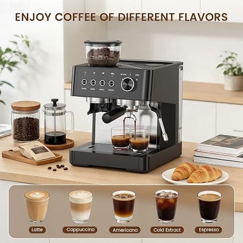 Kismile 20-Bar Espresso Machine with Grinder, Expresso Coffee Machines Coffee Maker with Grinder, Milk Frother/Steam Wand & Tamping Tools for Cappuccino & Latte thumbnail 7