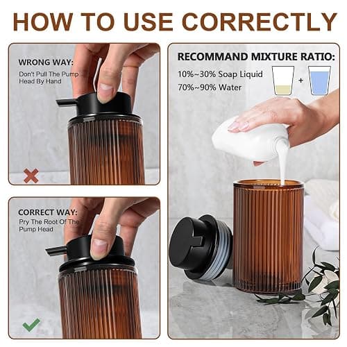 KASUNTING Foaming Soap Dispenser, Amber Glass Foam Hand Soap Dispenser for Bathroom, 11 Fl Oz Ribbed Refillable Foaming Pump Bottle with Black Pump, Modern Dish Soap Foam Dispenser thumbnail 6