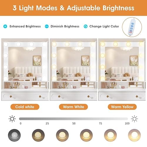 Maupvit Vanity Desk with Mirror and Light，Vanity Desk with 2 Large Drawers, 2 Large Storage，Charging Station and 10 Lights 3 Lighting Modes Adjustable Brightness Dresser, White thumbnail 5