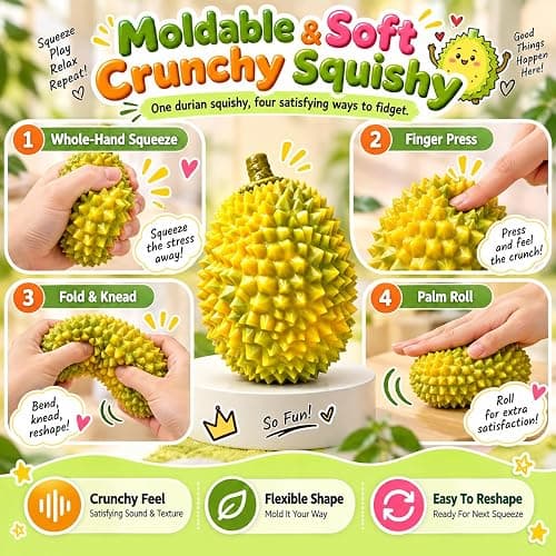 Crunchy Durian Squishy, ASMR Stress Ball Sensory Fidget Toy for Adults | Realistic Spiky Durian Shape, Soft, Moldable, Crunchy-Filled Interior for Office Desk, Study, Home, Travel and Novelty Gift thumbnail 5