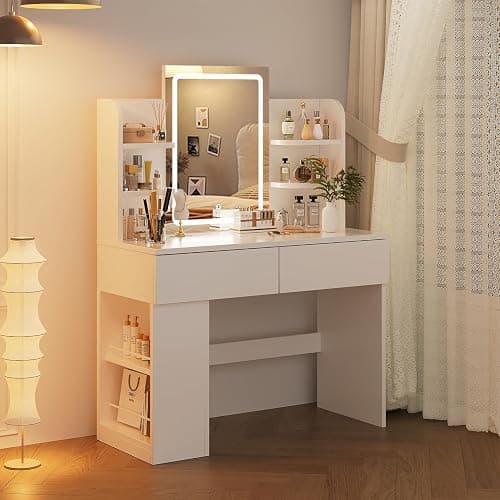 Airfish Dressing Table with LED Light,Vanity Desk with Mirror and Concealed LED Light Strip, MakeUp Desk with Two Drawers and One Sideboard,Modern (White, 90 x 40 cm) thumbnail 3