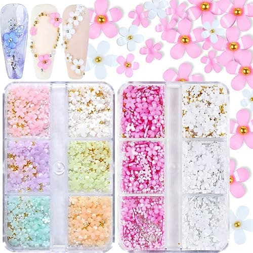 3D Flower Nail Charms, 2 Boxes 3D Acrylic Flower Nail Art Charms and Gems White Pink Mixed Cherry Blossom Spring Rhinestones Acrylic Nail Supplies with Pearls Manicure DIY Nail Decorations - Image 1