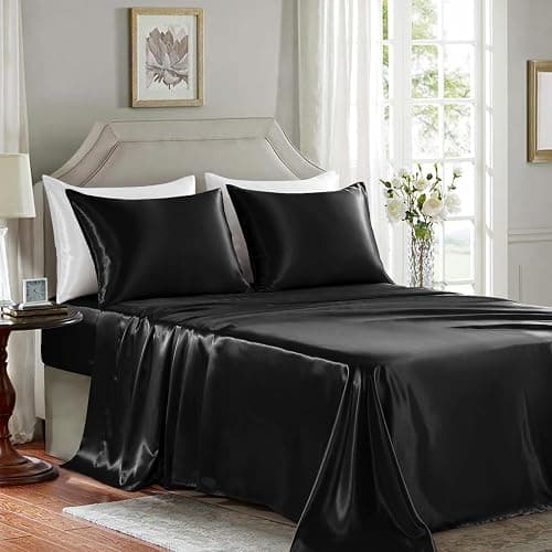 GOLAL Satin Sheets Queen Size - 4 Pieces Luxury Silky Soft Bed Sheets, Wrinkle-Free Black Satin Silk Sheet Set with 1 Deep Pocket Fitted Sheet, 1 Flat Sheet, 2 Pillow Cases thumbnail 3