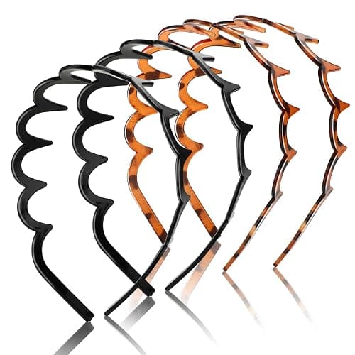 Zickzack Haarreif 4 Stück Haifischzahn Haarkamm Haarband Gewellte Kunststoff Stirnband Make Up Haarreif für Sport Fitness Tägliches für Damen Und Mädchen (Schwarz/Leopard) - Image 1