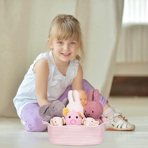 Woven Cotton Rope Storage Basket with Handles for Organizing Shelves Closet Small Cat Dog Pet Toy Baskets Box Bin Decorative Rectangle Baby Nursery basket Gift Basket Empty Light pink thumbnail 5
