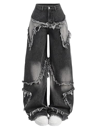 Peakpride Y2K Baggy Jeans for Women Girls Star Patchwork Wide Leg Raw Hem Denim Pants Hip Hop Streetwear Preppy Clothes - Image 1