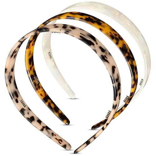 3 Colors Tortoise Shell Headband Set: Wide Acetate, Resin, Skinny Thin Headbands with Teeth for Women and Girls (White Laser, Leopard, Ivory) - Image 1