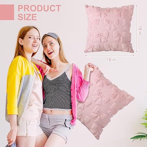 Mixweer Bow Pillow Covers Set of 2 Coquette Room Decor Cute Faux Fur Soft Coquette Bowknot Preppy Stuff Fluffy Plush Aesthetic Pillow Covers for Bed Sofa Couch(18 x 18 Inch,Pink) - Pink - 18" x 18" (Pack of 2) thumbnail 3