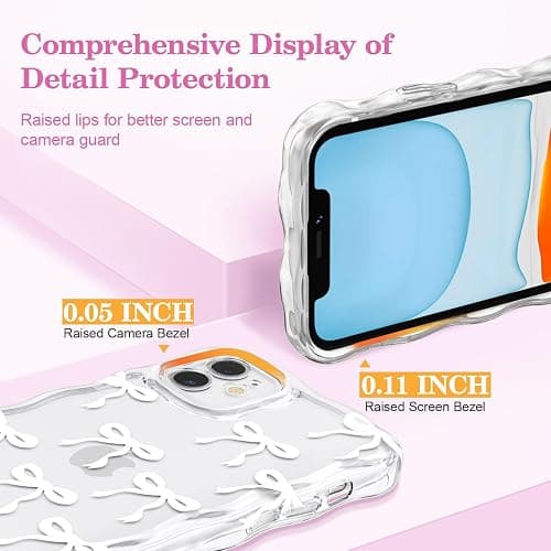 QLTYPRI Bow Case for iPhone 12, Cute Ribbon Bows Wavy Curly Frame Clear Phone Case for Girls Women, Aesthetic Bowknot Transparent Soft Silicone TPU Bumper Shockproof Protective Cover - White thumbnail 3