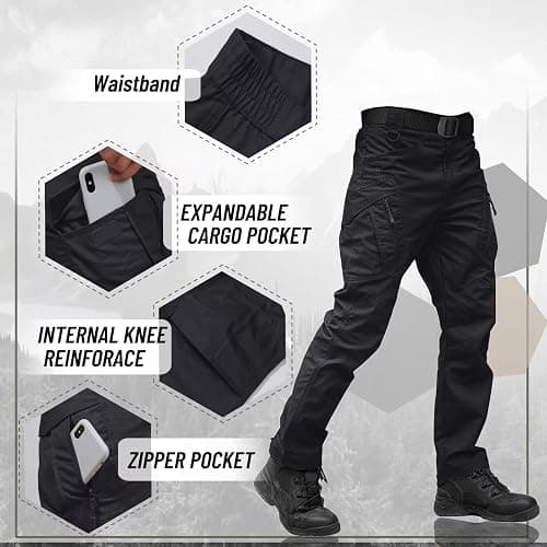 TACVASEN Men's Tactical Pants 9 Pockets Cargo Hiking Pants Lightweight Work Pants for Men Construction Water Resistant - Black - 38 thumbnail 4