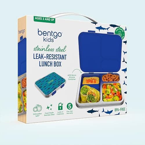 Bentgo Kids Stainless Steel Prints Leak-Resistant Lunch Box - 3-Compartments with Bonus Silicone Container, Durable, Eco-Friendly, Dishwasher Safe, BPA-Free, Ideal for School, Ages 3+ (Shark) thumbnail 9