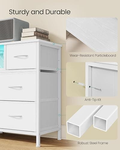 SONGMICS Dresser for Bedroom with Outlets & LED Lights, 8 Fabric Drawers | TV Stand for TVs Up to 55 Inches, Chest of Drawers with Steel Frame, Cloud White, BELLAH Collection ULGS433WH02S thumbnail 7