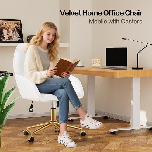 Home Office Desk Chair Comfy with Adjustable Swivel Wheels, Modern Velvet Makeup Vanity Chair with Back & Pillow, Ergonomic Office Chair Computer Task Chair for Living Room, Bedroom, White thumbnail 3