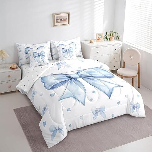 Erosebridal Cute Blue Bowknot Bed in A Bag with Sheets for Kids Girls Teen,Kawaii Dreamy Bow Queen Comforter Set 7 Piece Princess Blue White Heart Decor Bedding Set Soft Sheet Set with Comforter thumbnail 3