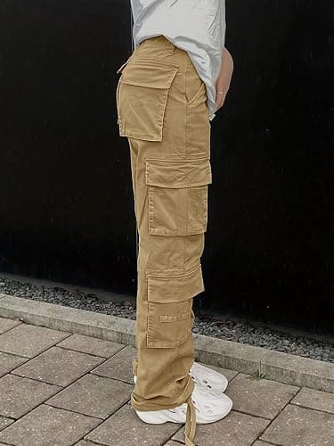 SDNGED Cargo Pants for Women High Waisted Casual Pants Baggy Y2k Straight Wide Leg Pants with Pockets Streetwear - Medium - Khaki thumbnail 3