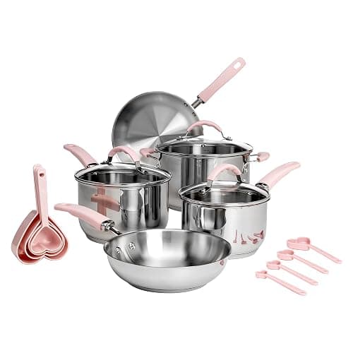Paris Hilton Stainless Steel Pots and Pans Set with Stay-Cool Pink Handles, Tempered Glass Lids, Bonus Heart Shaped Measuring Cups and Spoons, Dishwasher Safe Cookware, 10-Piece Set - Image 1