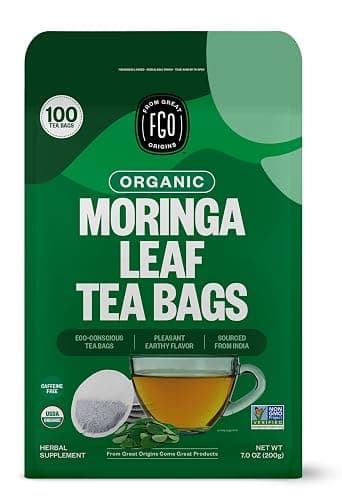FGO Organic Moringa Tea, 100 Count, Eco-Conscious Tea Bags, Resealable Bag, Caffeine Free, Packaging May Vary (Pack of 1) - Image 1
