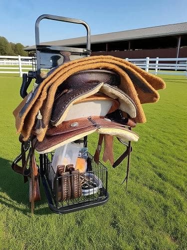 Rolling Horse Saddle Rack Cart Foldable Saddle Pad Rack Stand 3 Tier Heavy Duty with Removable Saddle Stands & Storage Basket, Horse Tack Organizer for Stable Storage, Moving, Transport Supplies thumbnail 4