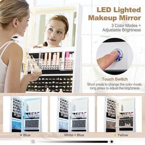 LOKO 360° Swivel Jewelry Cabinet with 3-color LED Lights, Lockable Jewelry Armoire Organizer with Full-Length Mirror, Makeup Mirror & Foldable Makeup Shelf, for Girl Women, Gift (White) thumbnail 7