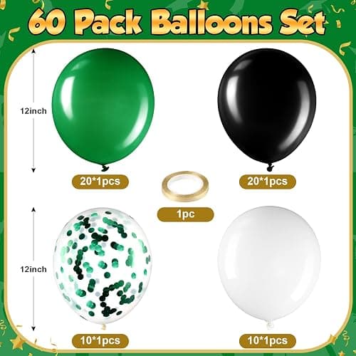 Sratte 60 Pcs 12 Inch Black Green White Balloons Kit Halloween Decorations Confetti Latex Metallic Balloons with 2 Rolls Ribbon Party Favor for Memorial Day, Birthdays thumbnail 3