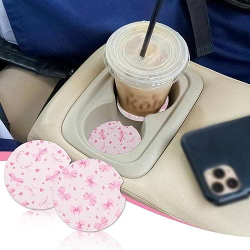 4pcs Pink Bow Car Coasters, Coquette Bow Cup Holder Coasters with Finger Notch Absorbent Cork Ceramic Cupholder Coaster for Car Women thumbnail 2