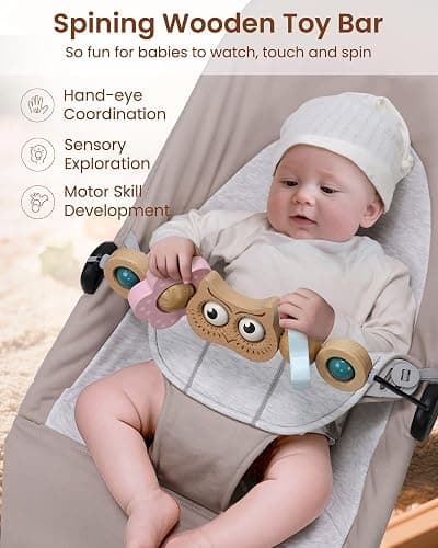 TinlyFinly Baby Bouncer Toy Bar Wooden Compatible with Baby Bjorn Bouncer, Bouncer Toy Attachment, Tight and Secure Fit, So Fun to Watch, Touch and Spin for Babies All Ages (Wood Color Owl) thumbnail 3