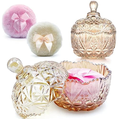Body Powder Puff with 4β Crystal Glass Storage Jar Including 1 Pink Puff and 1 Skin-Tone Puff Suitable for Loose Powder Soft Washable Reusable Fluffy Puff Perfect for Skincare(Crown-Amber) - Image 1