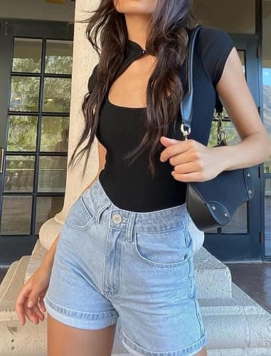onlypuff Women Denim Shorts Ripped Mid Waisted Jean Shorts with Pockets thumbnail 3