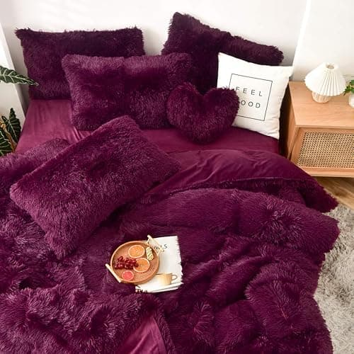 MorroMorn 5 PCS Shaggy Duvet Cover Bedding Set - Fluffy Comforter Cover Long Faux Fur Luxury Ultra Soft Cozy (Maroon, King/California King) thumbnail 3
