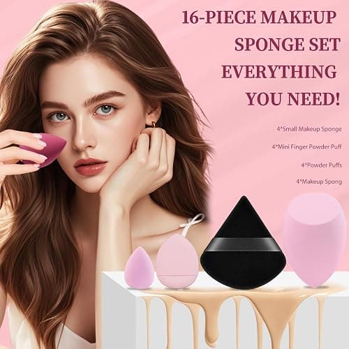 DUAIU 16 PCS Makeup Sponges Set, Beauty Blenders & Powder Puffs for Foundation, Cream, Powder, Face Makeup Sponge Kit with Blender, Triangle Puff and Mini Make up Sponges for Wet Dry Use (Pink) thumbnail 8