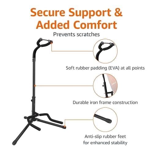 Amazon Basics Height Adjustable Foldable Guitar Stand with Secure Support, Padded Non-Slip Floor Stand for Acoustic, Electric, Bass and Banjos, Portable Display Stand, Black thumbnail 3