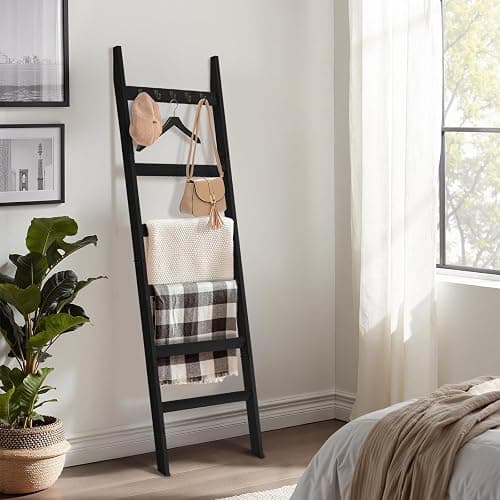 TEAKMAMA 6-Tier Blanket Ladder for Living Room and Bedroom,5.4 Ft Wall Leaning Quilt Rack with Hooks,Rustic Decorative Farmhouse Blanket Storage,Stylish Ladder Holder,Christmas Decorations,Black thumbnail 8