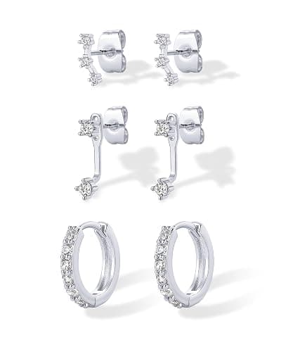 PAVOI 18K Gold Plated 925 Sterling Silver Posts Three Pairs Statement Earrings for Women - Cubic Zirconia Gold Earring Pack - Front Back Ear Jacket Crawler Stud Huggie Piercing Jewelry Set thumbnail 3