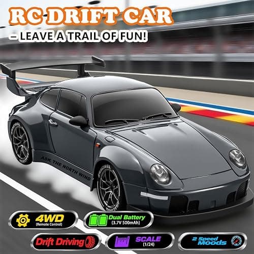 PIWIJOY RC Drift Car, 1:24 Scale Remote Control Vehicle with LED Lights,Drifting Tires＆Two Batteries, Racing Sports Toy Idea Gift for Adults Boys Girls and Kids Gray thumbnail 2